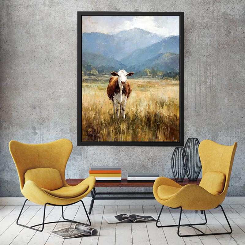 Cow pasture canvas art with mountains for rustic farmhouse living room decor.