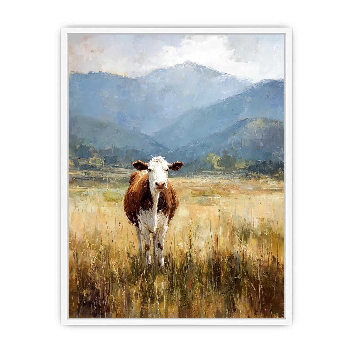 Cow pasture canvas art with mountains for rustic farmhouse living room decor.