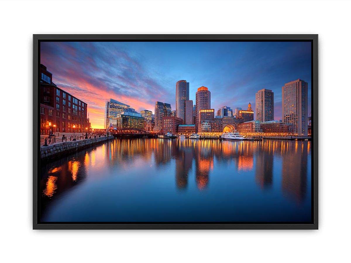 Waterfront city skyline canvas photography for modern office wall decor.