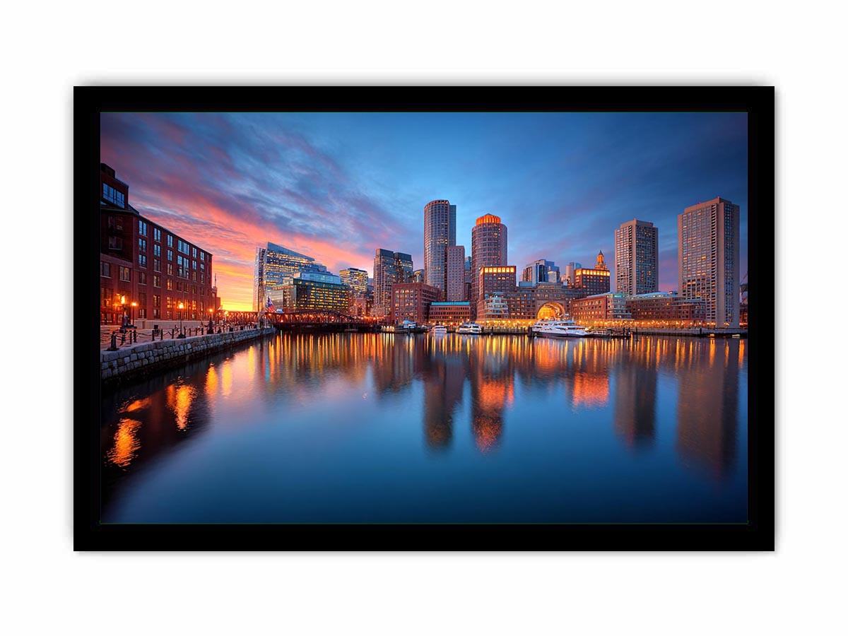 Waterfront city skyline canvas photography for modern office wall decor.