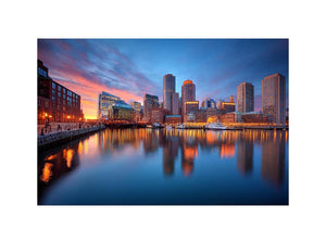 Waterfront city skyline canvas photography for modern office wall decor.