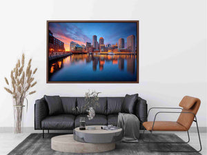 Waterfront city skyline canvas photography for modern office wall decor.
