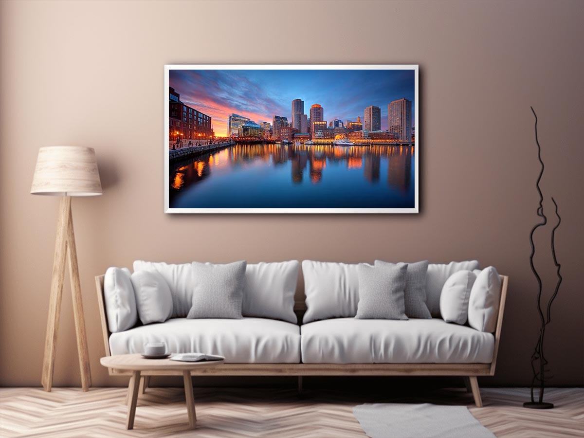 Waterfront city skyline canvas photography for modern office wall decor.