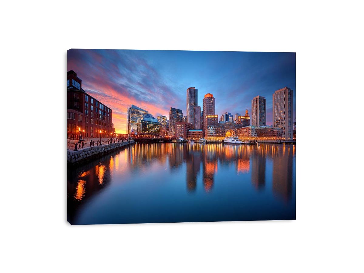 Waterfront city skyline canvas photography for modern office wall decor.