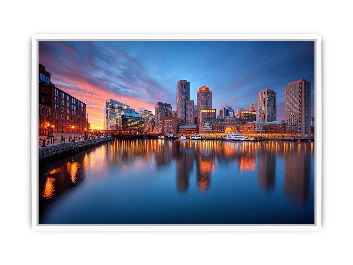 Waterfront city skyline canvas photography for modern office wall decor.