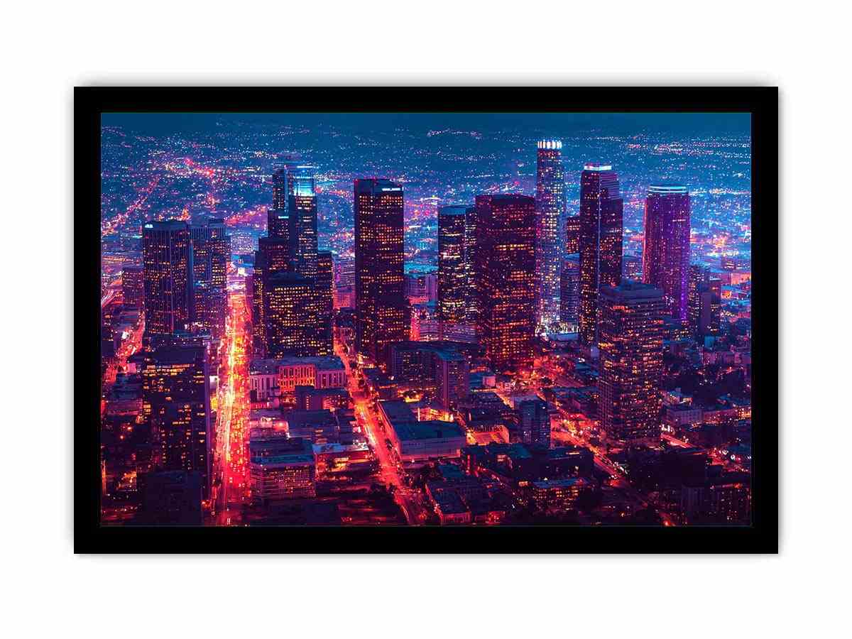 Night city skyline photography canvas art for modern living room or office decor.