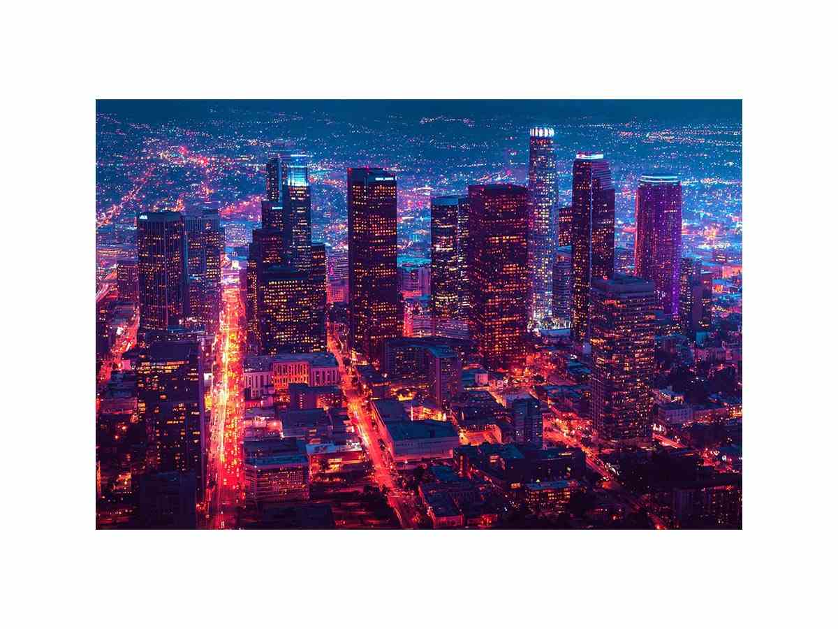 Night city skyline photography canvas art for modern living room or office decor.
