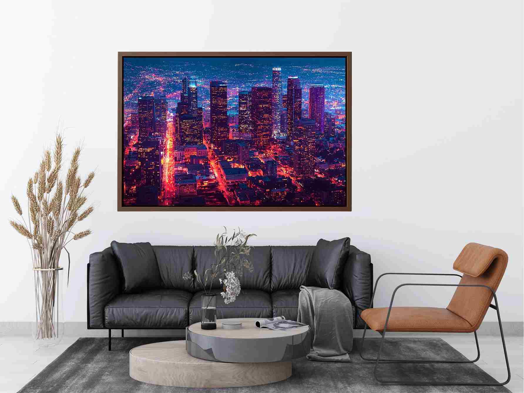Night city skyline photography canvas art for modern living room or office decor.