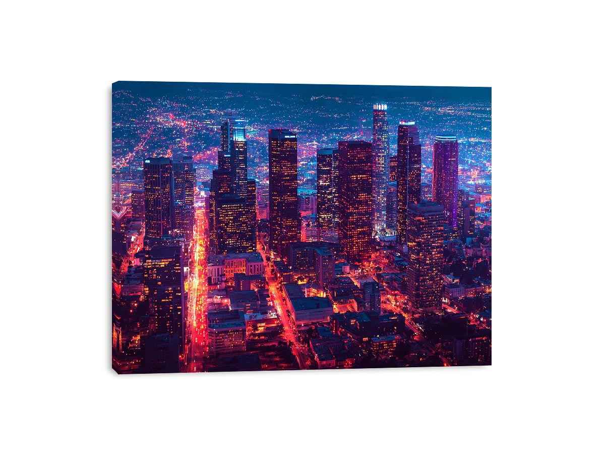 Night city skyline photography canvas art for modern living room or office decor.