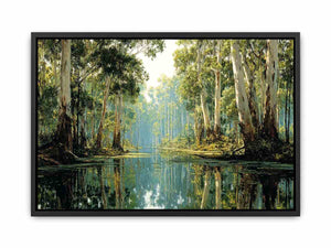 Serene forest river landscape canvas art for calm living room decor.