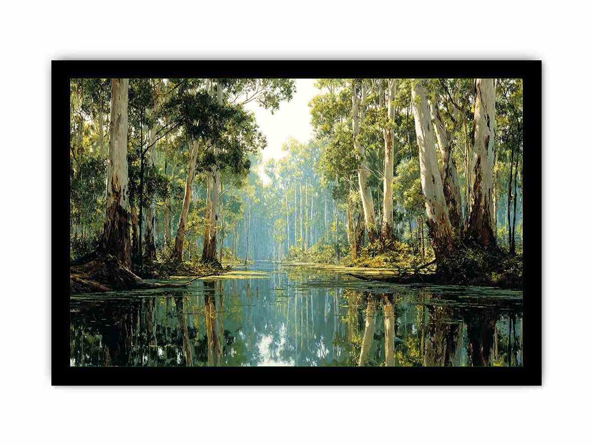 Serene forest river landscape canvas art for calm living room decor.