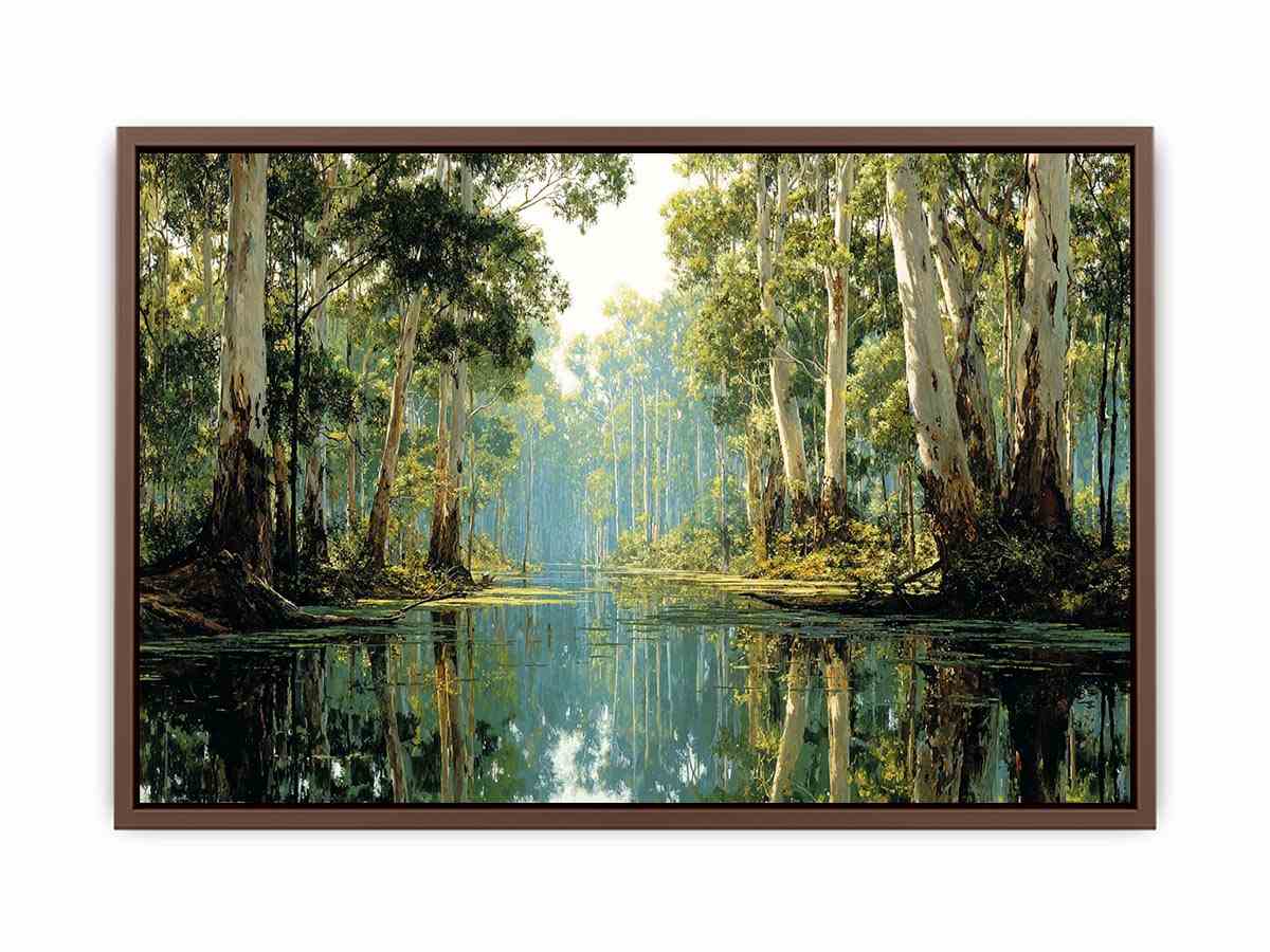 Serene forest river landscape canvas art for calm living room decor.