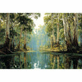Serene forest river landscape canvas art for calm living room decor.