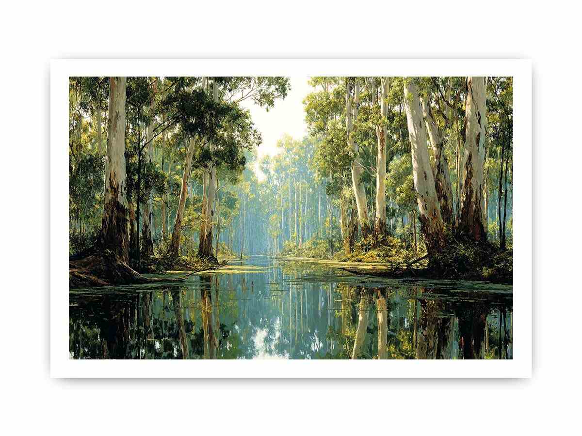 Serene forest river landscape canvas art for calm living room decor.