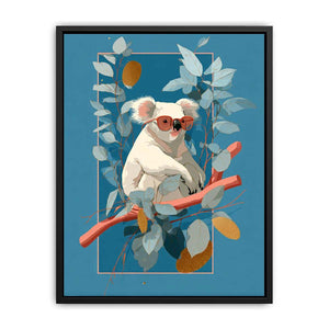 Cool koala illustration canvas art with eucalyptus leaves for kids room decor.