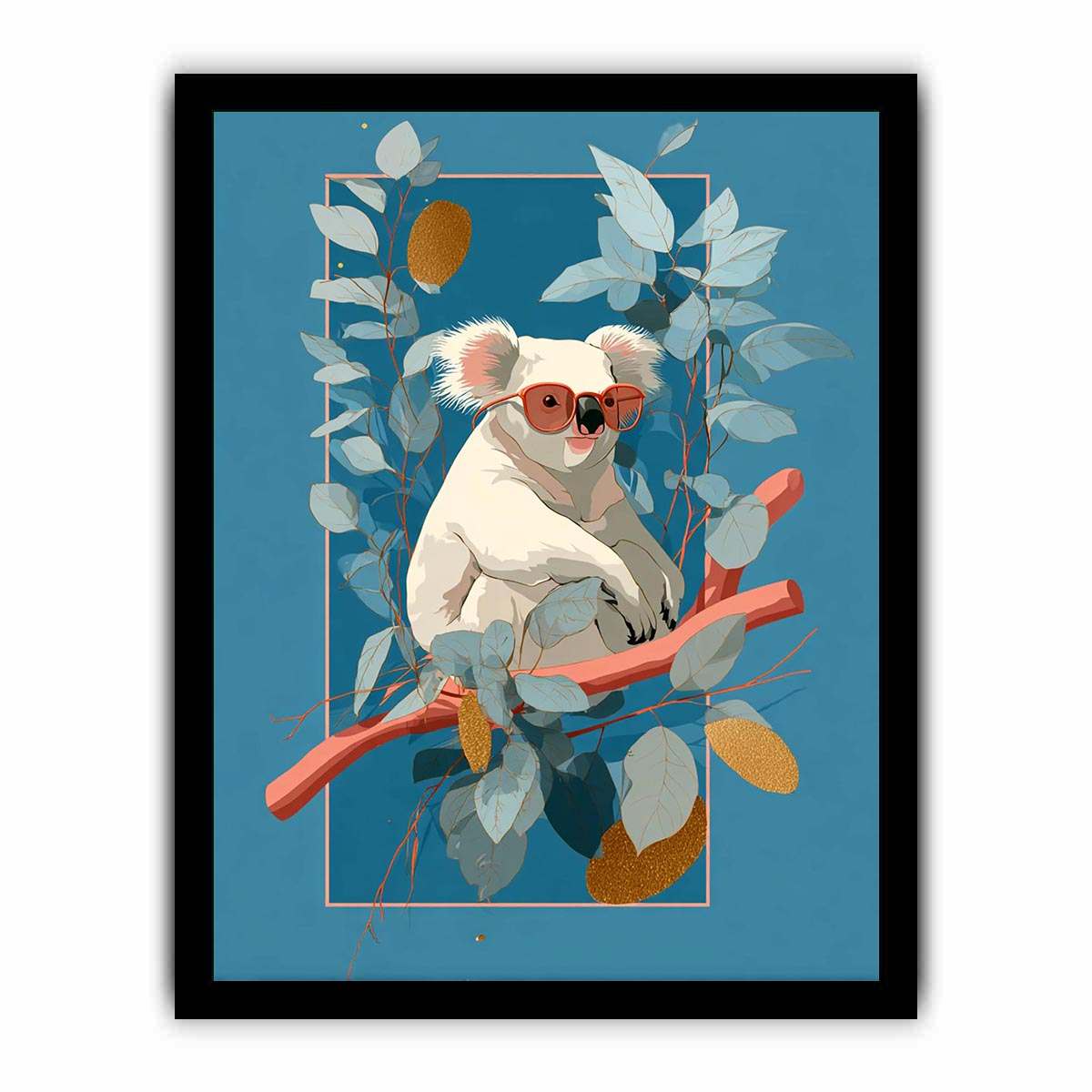 Cool koala illustration canvas art with eucalyptus leaves for kids room decor.