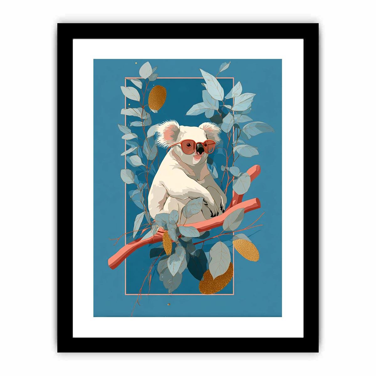Cool koala illustration canvas art with eucalyptus leaves for kids room decor.