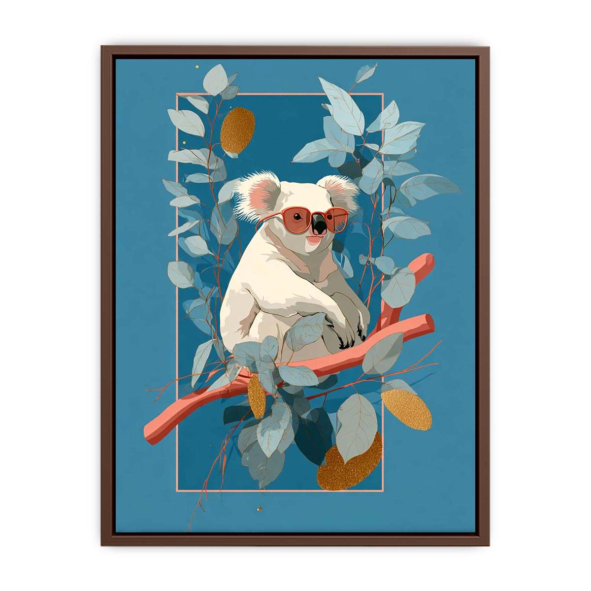 Cool koala illustration canvas art with eucalyptus leaves for kids room decor.