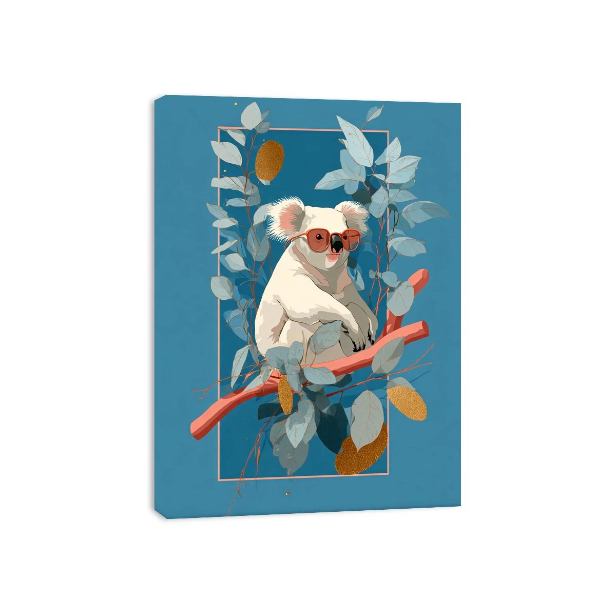 Cool koala illustration canvas art with eucalyptus leaves for kids room decor.