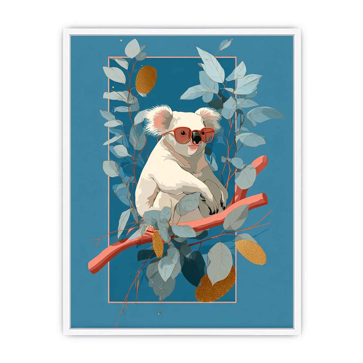 Cool koala illustration canvas art with eucalyptus leaves for kids room decor.