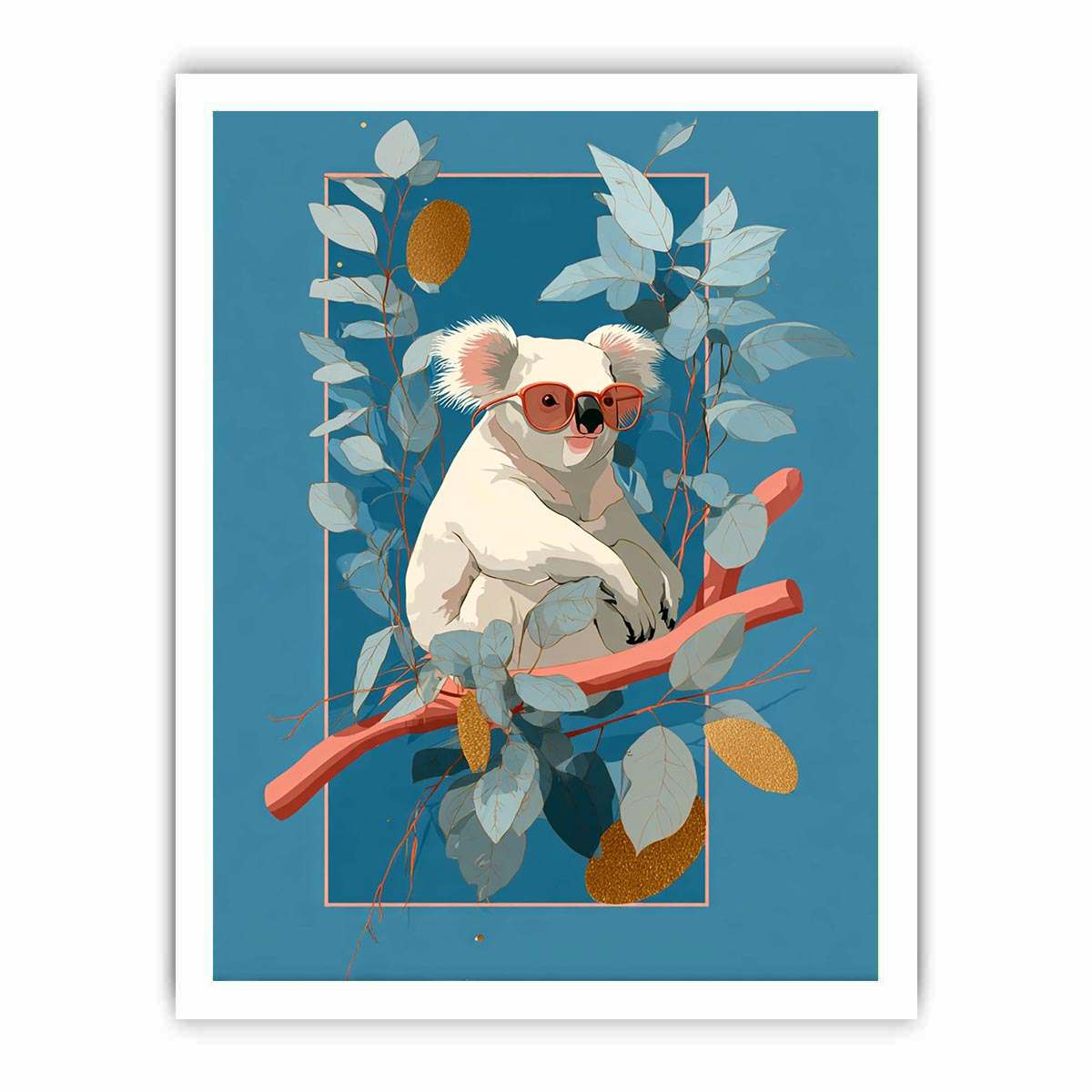Cool koala illustration canvas art with eucalyptus leaves for kids room decor.