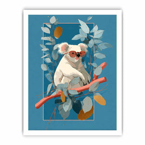 Cool koala illustration canvas art with eucalyptus leaves for kids room decor.