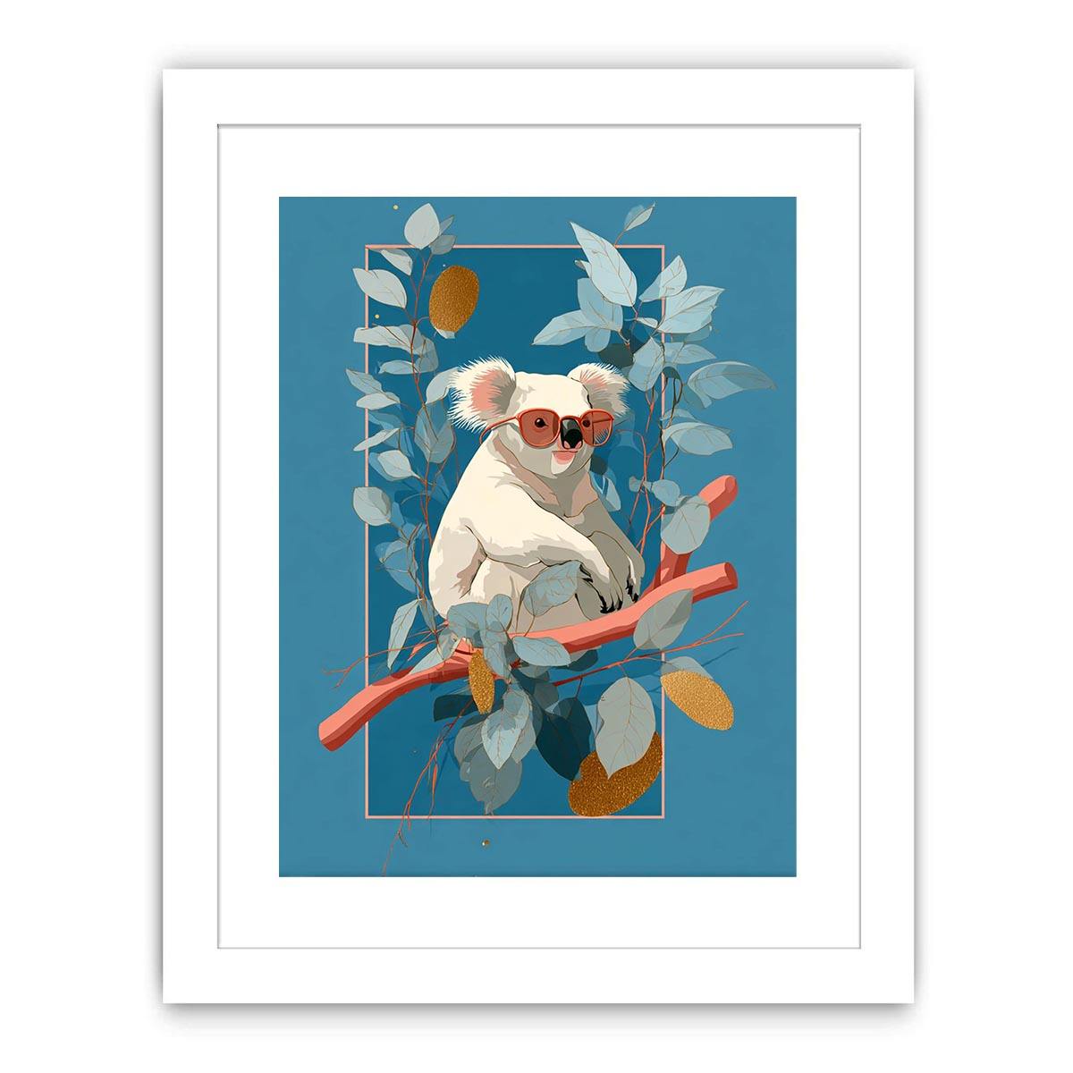 Cool koala illustration canvas art with eucalyptus leaves for kids room decor.