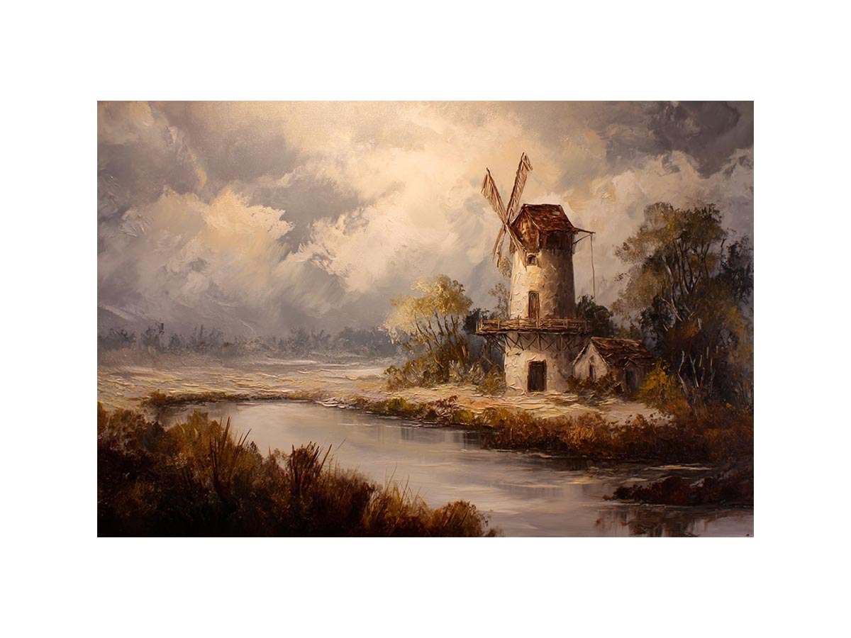 Rustic windmill landscape canvas art for farmhouse living room decor.