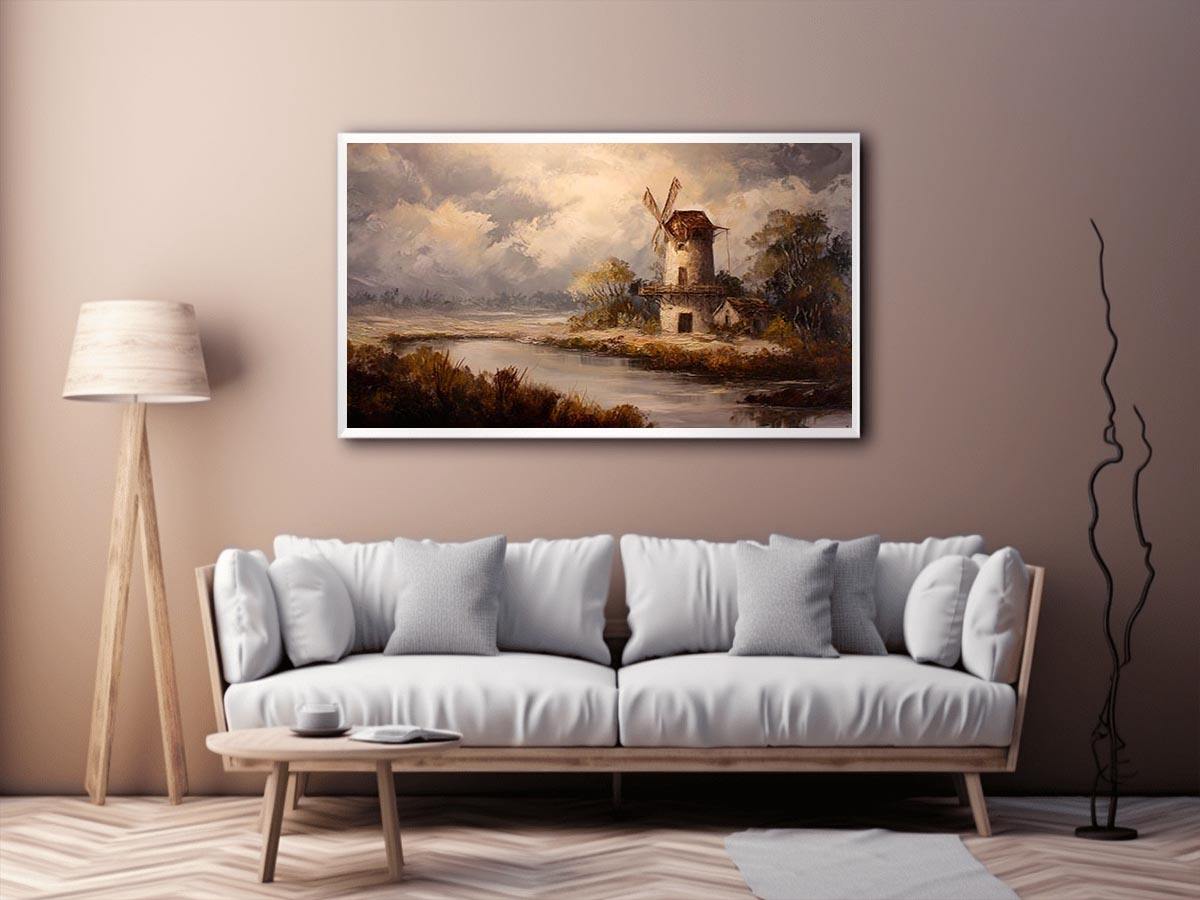 Rustic windmill landscape canvas art for farmhouse living room decor.