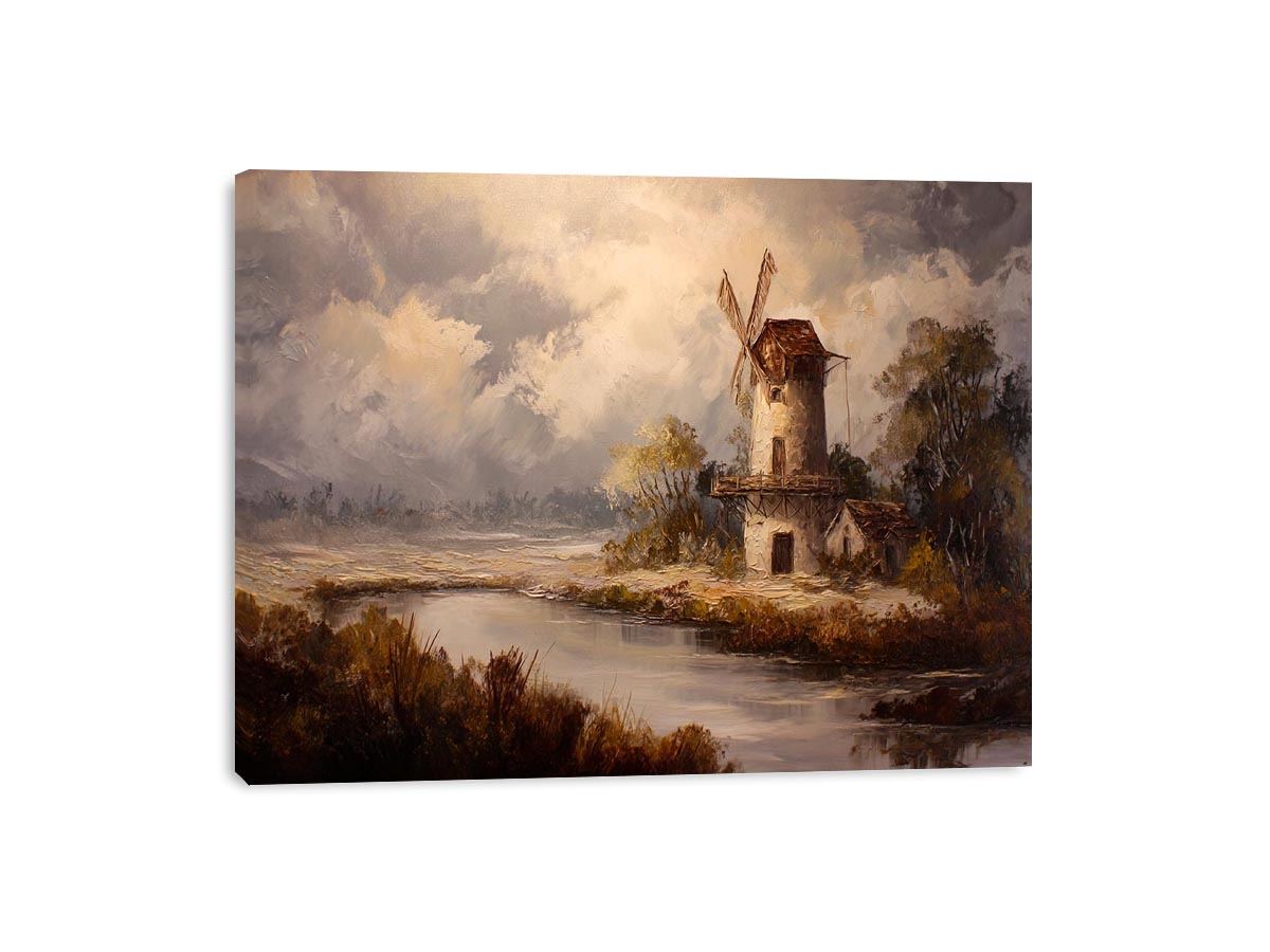 Rustic windmill landscape canvas art for farmhouse living room decor.