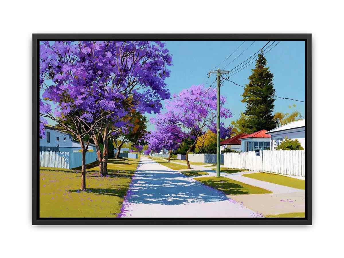 Purple jacaranda street landscape canvas art for bright living room decor.