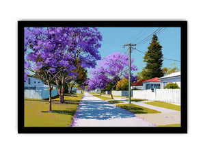 Purple jacaranda street landscape canvas art for bright living room decor.
