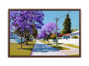 Purple jacaranda street landscape canvas art for bright living room decor.