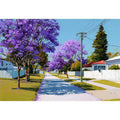 Purple jacaranda street landscape canvas art for bright living room decor.