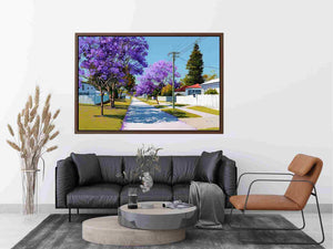 Purple jacaranda street landscape canvas art for bright living room decor.