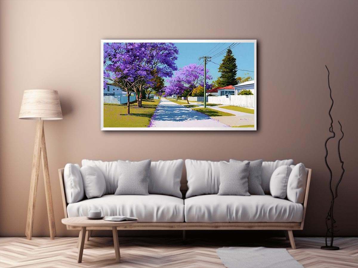 Purple jacaranda street landscape canvas art for bright living room decor.