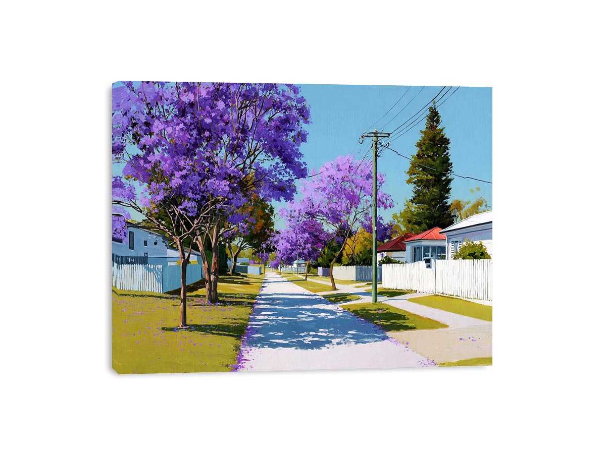Purple jacaranda street landscape canvas art for bright living room decor.