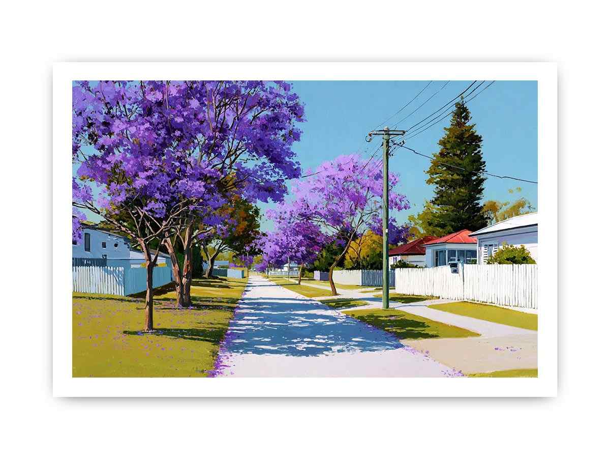 Purple jacaranda street landscape canvas art for bright living room decor.