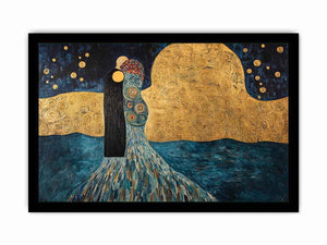 Surreal couple canvas art with gold moon and stars for elegant bedroom or living room decor.