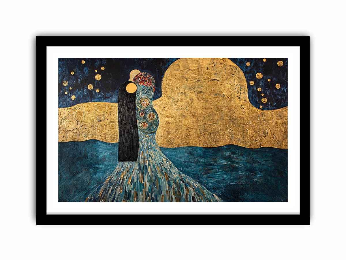 Surreal couple canvas art with gold moon and stars for elegant bedroom or living room decor.