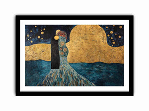 Surreal couple canvas art with gold moon and stars for elegant bedroom or living room decor.
