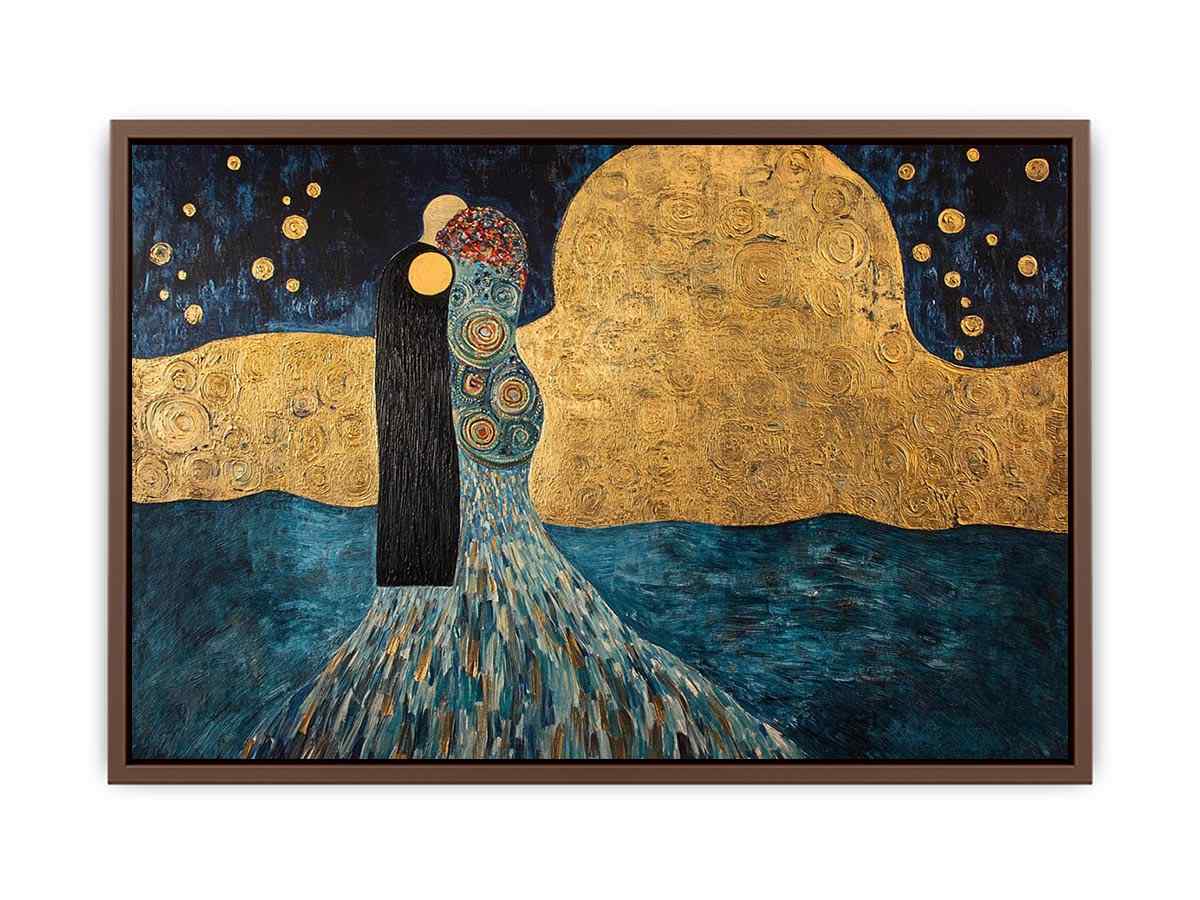 Surreal couple canvas art with gold moon and stars for elegant bedroom or living room decor.