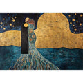Surreal couple canvas art with gold moon and stars for elegant bedroom or living room decor.