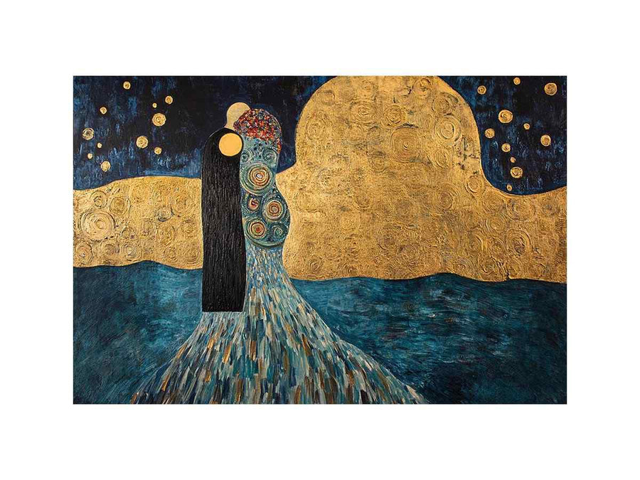 Surreal couple canvas art with gold moon and stars for elegant bedroom or living room decor.