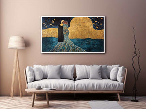 Surreal couple canvas art with gold moon and stars for elegant bedroom or living room decor.