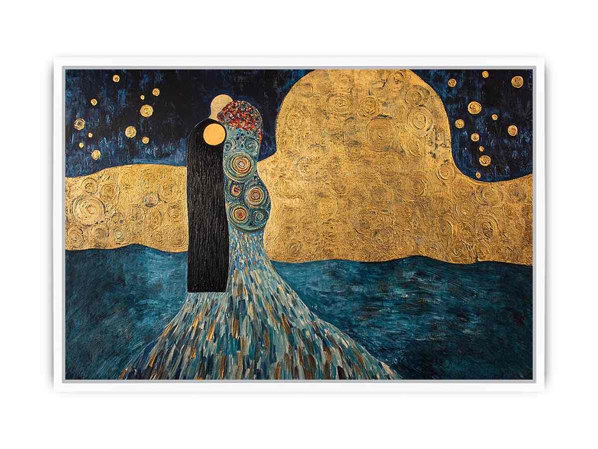 Surreal couple canvas art with gold moon and stars for elegant bedroom or living room decor.