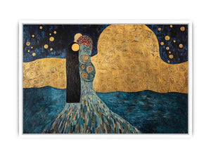 Surreal couple canvas art with gold moon and stars for elegant bedroom or living room decor.