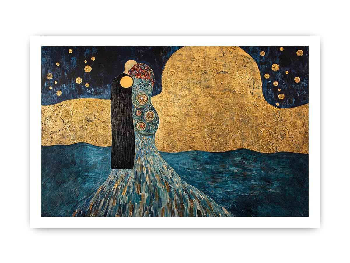 Surreal couple canvas art with gold moon and stars for elegant bedroom or living room decor.