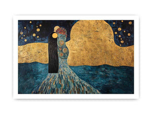Surreal couple canvas art with gold moon and stars for elegant bedroom or living room decor.