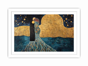 Surreal couple canvas art with gold moon and stars for elegant bedroom or living room decor.
